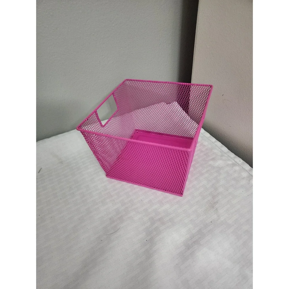 Pink Wire Mesh Storage Basket Square Metal Organizer Bin with Handles